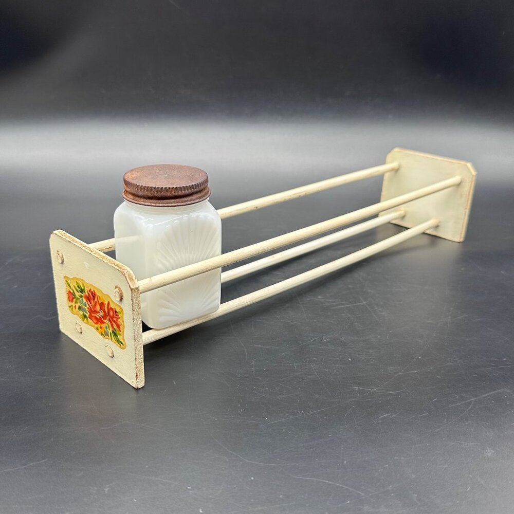 Vintage Wooden Spice Rack Mid Century Floral White Pink Roses Countertop As Is